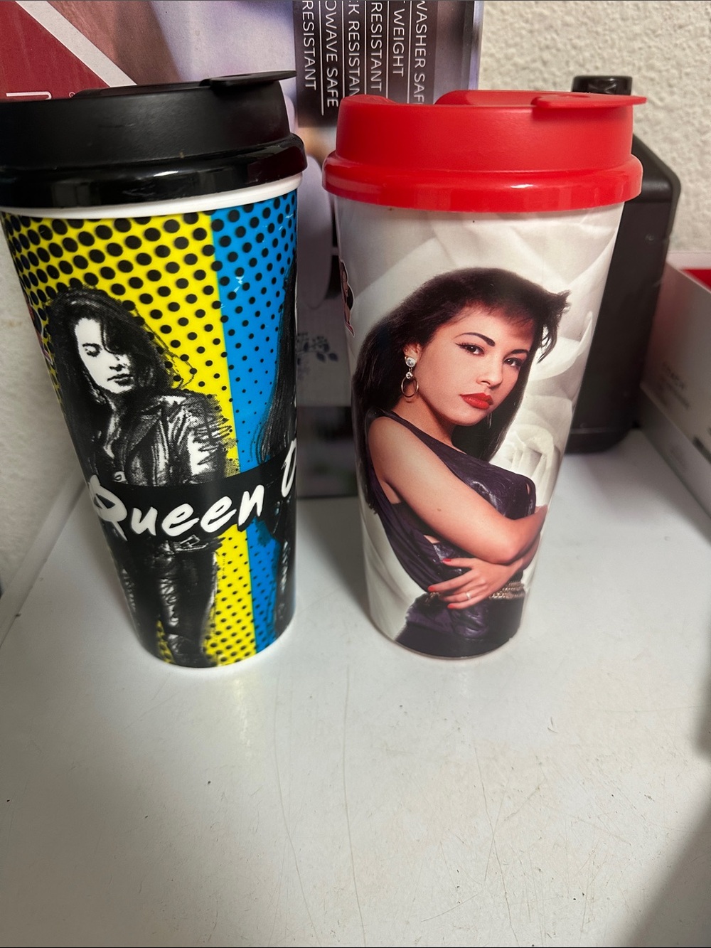 Double Travel Mug Set with Black and Red Lids featuring Pop Art Portraits